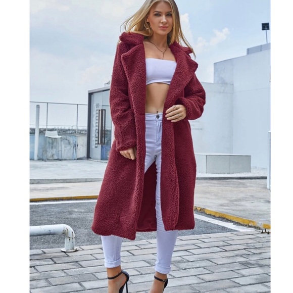 Burgundy Teddy Faux Fur Long Coat - Picture 2 of 4